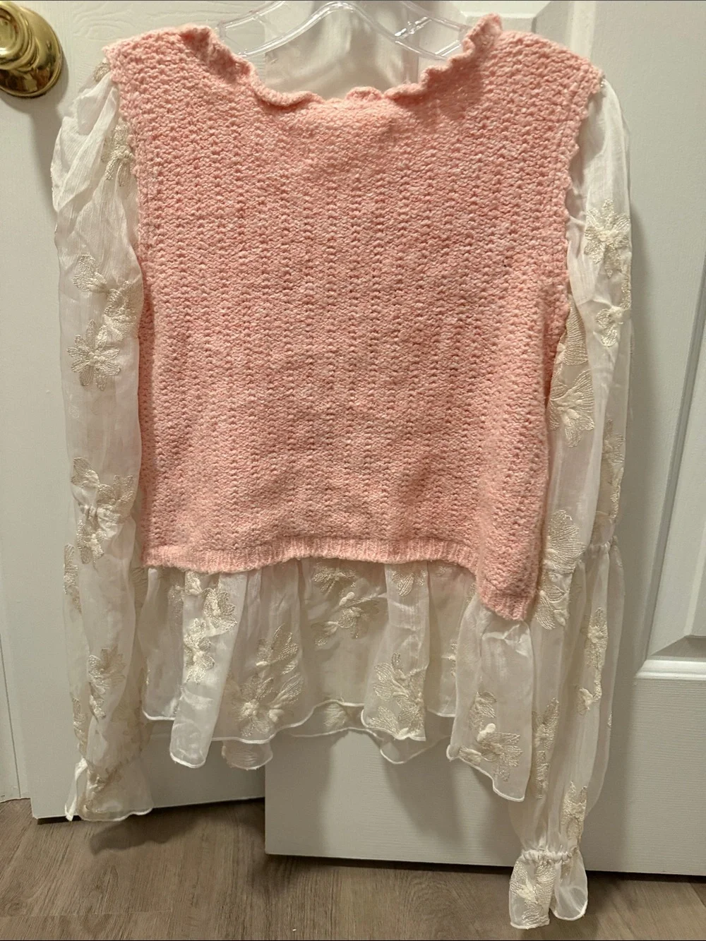 Anthropologie Pink Knit Overlay Blouse with Cream Sheer Sleeves